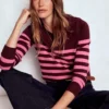 Emilia Cotton Crew Sweater Chestnut/Pink Stripe Emilia Cotton Crew Sweater Chestnut/Pink Stripe