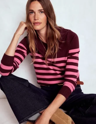 Emilia Cotton Crew Sweater Chestnut/Pink Stripe