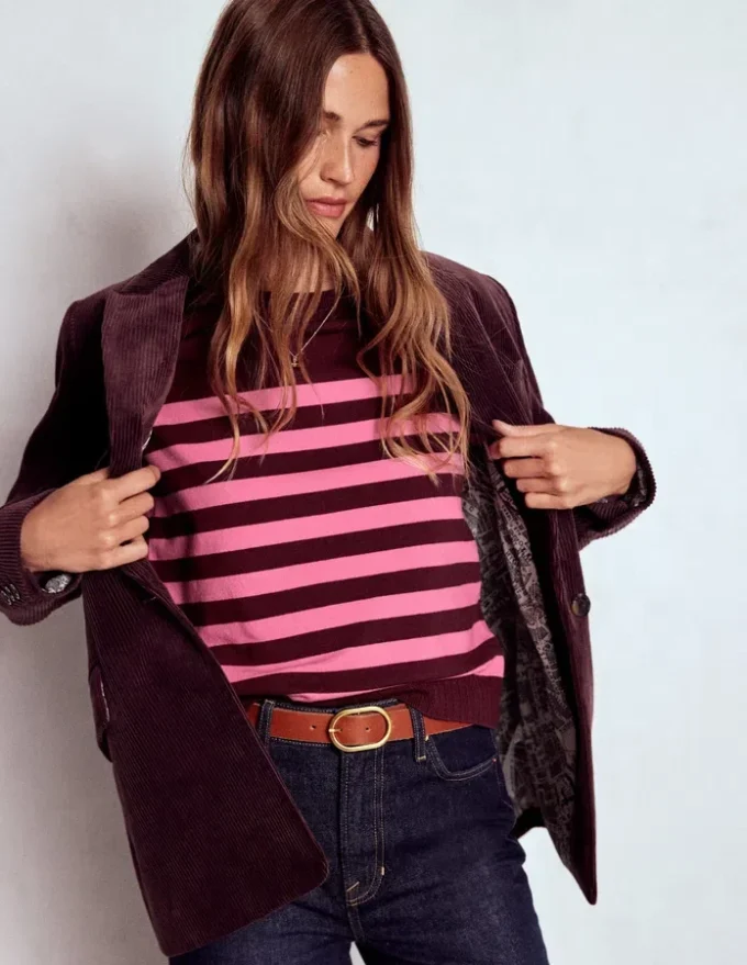 Emilia Cotton Crew Sweater Chestnut/Pink Stripe Emilia Cotton Crew Sweater Chestnut/Pink Stripe