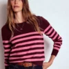 Emilia Cotton Crew Sweater Chestnut/Pink Stripe Emilia Cotton Crew Sweater Chestnut/Pink Stripe