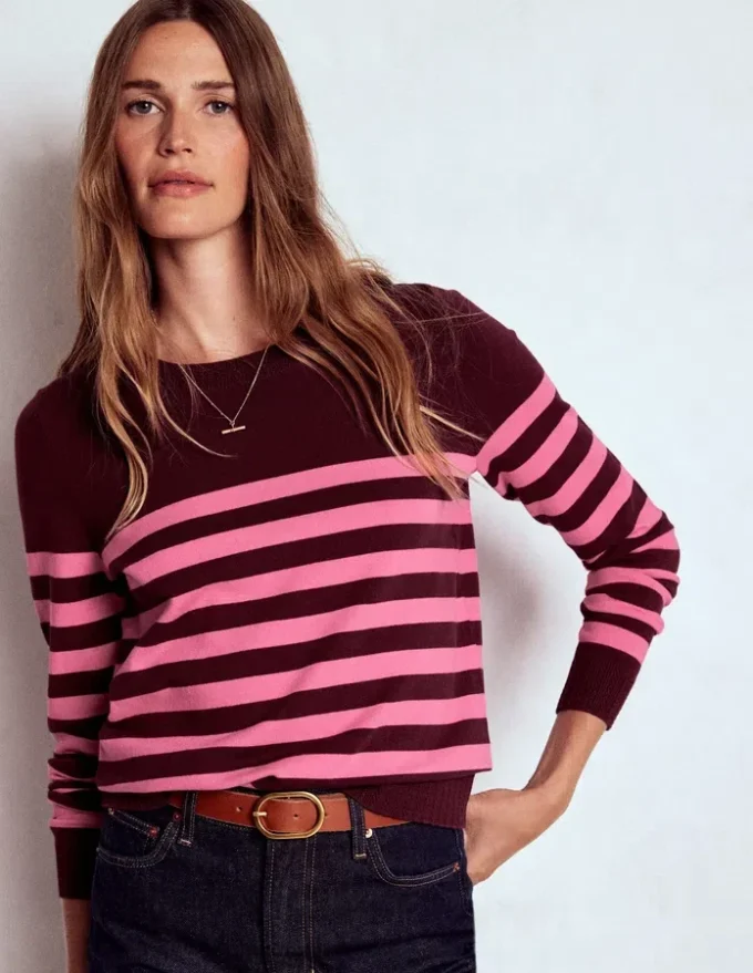 Emilia Cotton Crew Sweater Chestnut/Pink Stripe Emilia Cotton Crew Sweater Chestnut/Pink Stripe