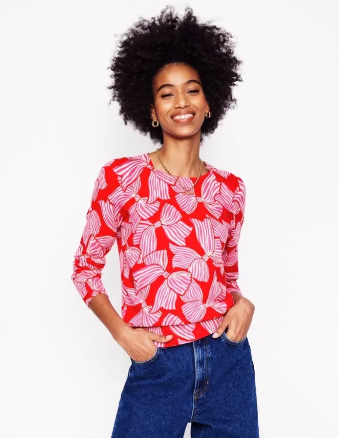 Emilia Cotton Crew Sweater Poppy Red, Bow Scatter Emilia Cotton Crew Sweater Poppy Red, Bow Scatter