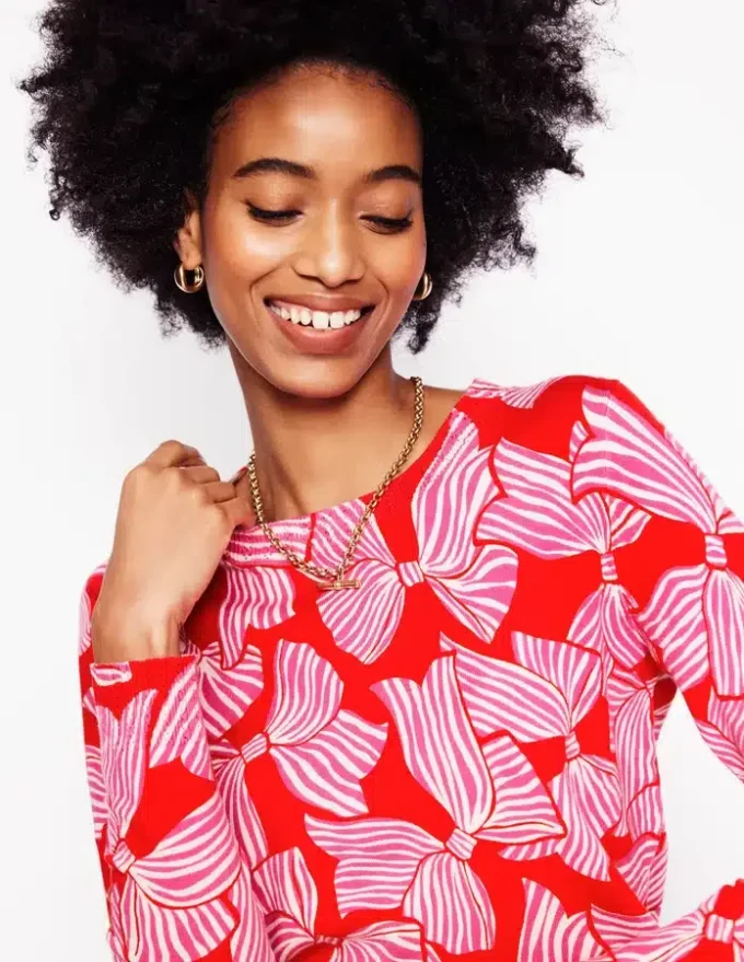 Emilia Cotton Crew Sweater Poppy Red, Bow Scatter Emilia Cotton Crew Sweater Poppy Red, Bow Scatter