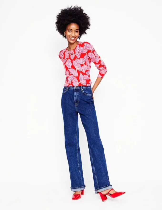 Emilia Cotton Crew Sweater Poppy Red, Bow Scatter Emilia Cotton Crew Sweater Poppy Red, Bow Scatter