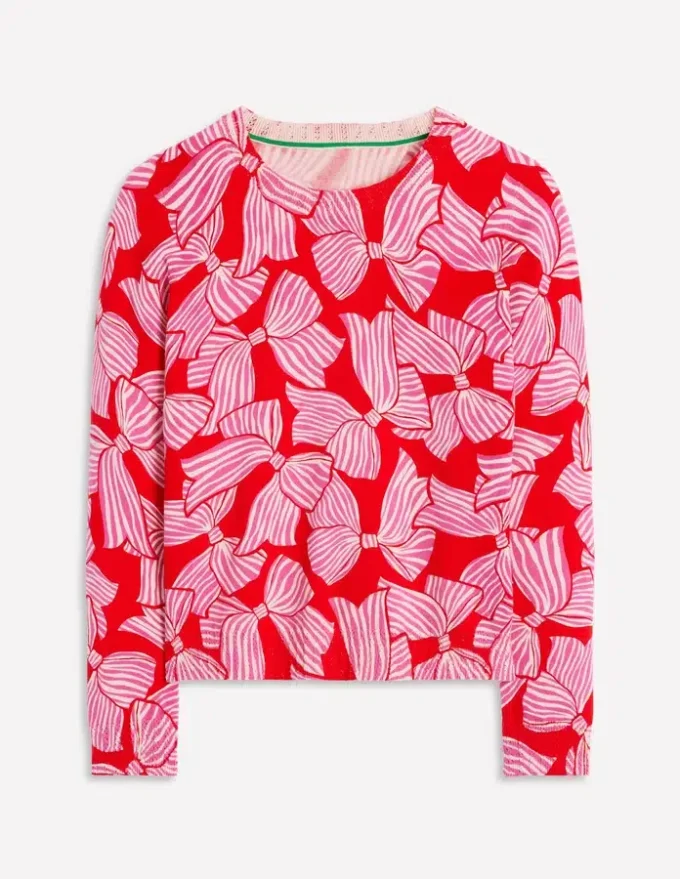 Emilia Cotton Crew Sweater Poppy Red, Bow Scatter Emilia Cotton Crew Sweater Poppy Red, Bow Scatter