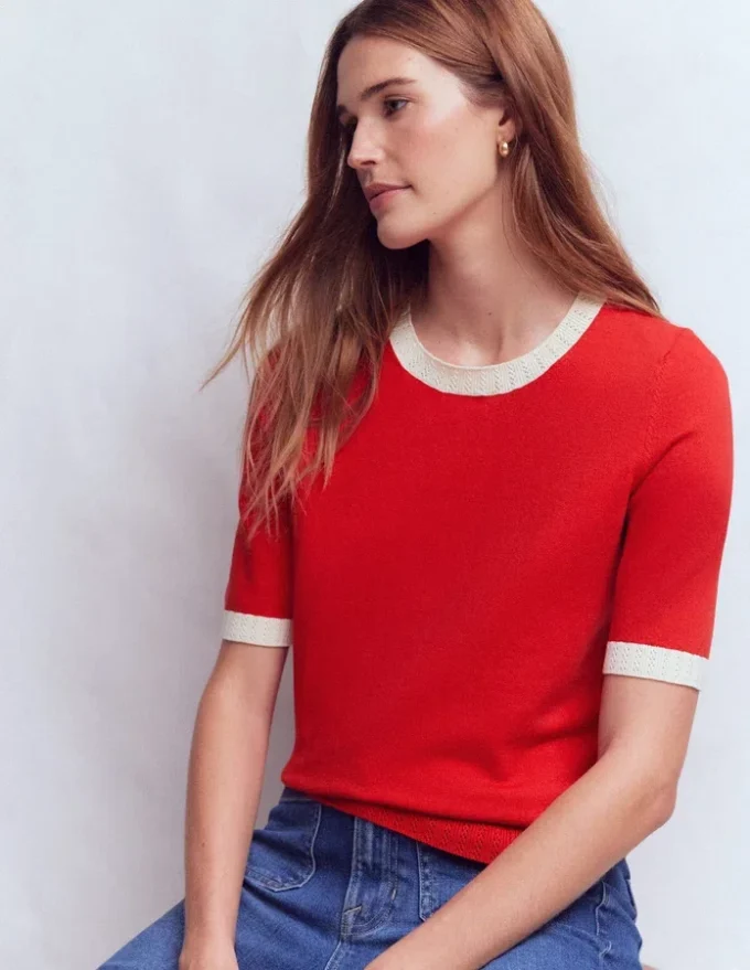Emilia Cotton Crew T-shirt Merida Red, Ivory Emilia Cotton Crew T-shirt Merida Red, Ivory
