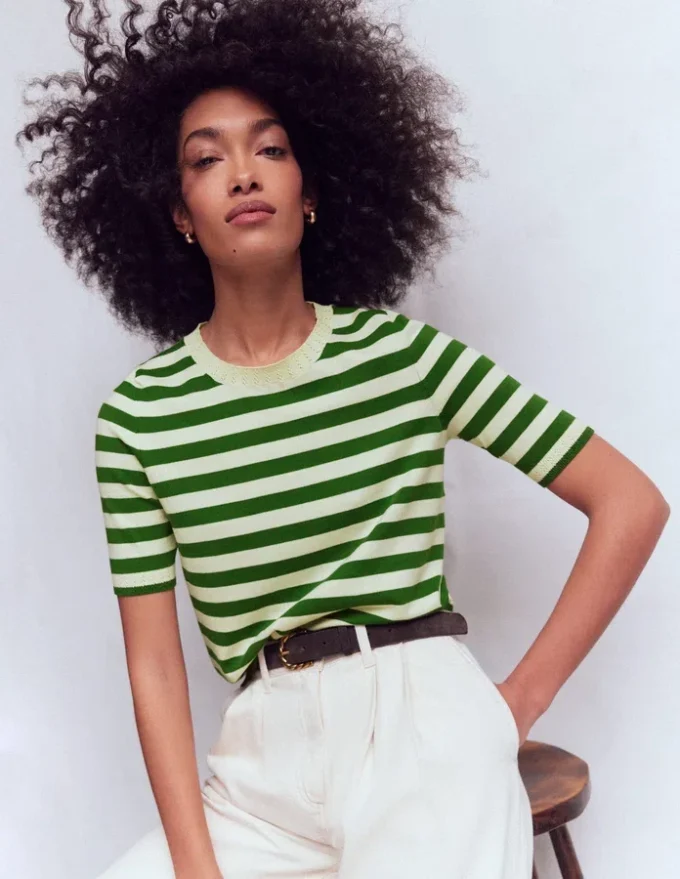 Emilia Cotton Crew T-shirt Promenade Green/ Ivory Stripe Emilia Cotton Crew T-shirt Promenade Green/ Ivory Stripe