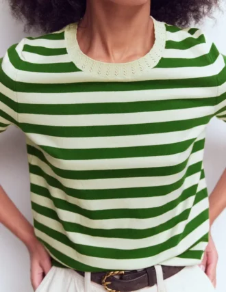 Emilia Cotton Crew T-shirt Promenade Green/ Ivory Stripe Emilia Cotton Crew T-shirt Promenade Green/ Ivory Stripe