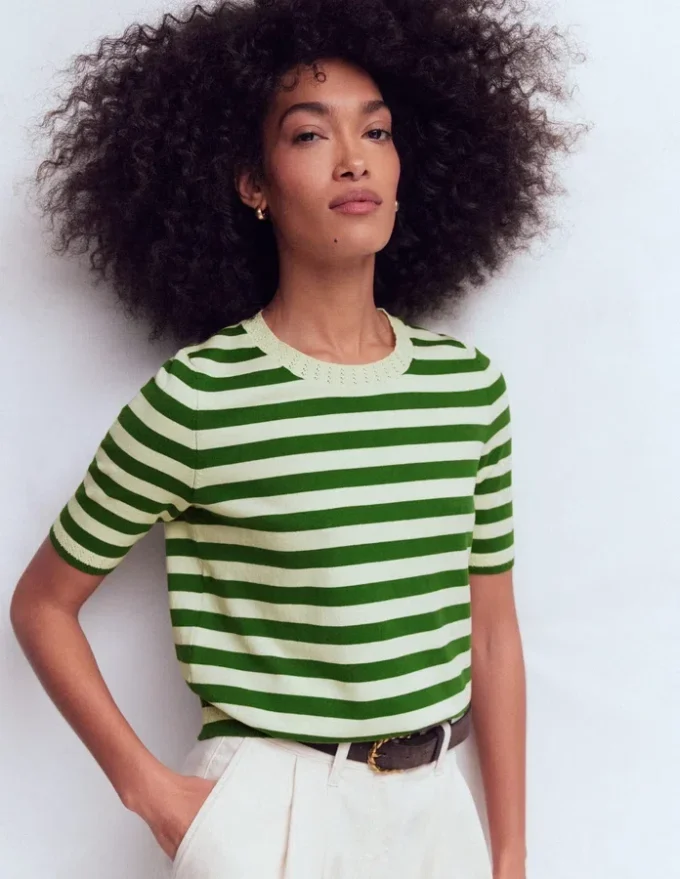 Emilia Cotton Crew T-shirt Promenade Green/ Ivory Stripe Emilia Cotton Crew T-shirt Promenade Green/ Ivory Stripe