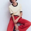 Emilia Cotton Crew T-shirt Warm Ivory, Navy Emilia Cotton Crew T-shirt Warm Ivory, Navy