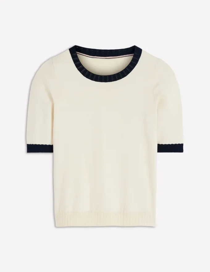 Emilia Cotton Crew T-shirt Warm Ivory, Navy Emilia Cotton Crew T-shirt Warm Ivory, Navy