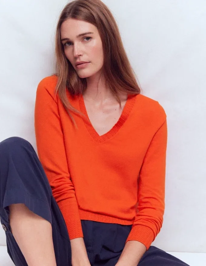 Emilia Cotton V Neck Sweater Sunset Orange Emilia Cotton V Neck Sweater Sunset Orange