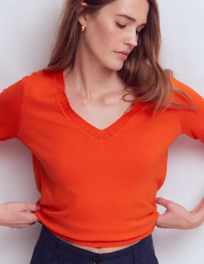 Emilia Cotton V Neck Sweater Sunset Orange Emilia Cotton V Neck Sweater Sunset Orange