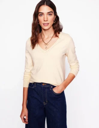 Emilia Cotton V Neck Sweater Warm Ivory