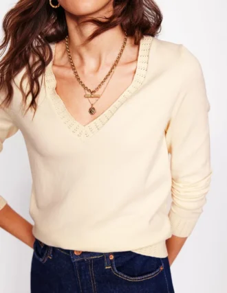 Emilia Cotton V Neck Sweater Warm Ivory