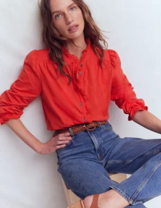 Emily Pom Trim Ruffle Shirt Blood Orange