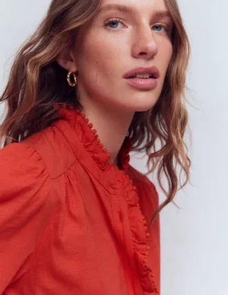 Emily Pom Trim Ruffle Shirt Blood Orange