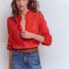 Emily Pom Trim Ruffle Shirt Blood Orange Emily Pom Trim Ruffle Shirt Blood Orange