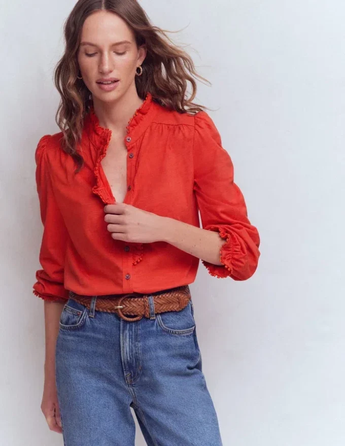Emily Pom Trim Ruffle Shirt Blood Orange Emily Pom Trim Ruffle Shirt Blood Orange