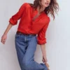 Emily Pom Trim Ruffle Shirt Blood Orange Emily Pom Trim Ruffle Shirt Blood Orange