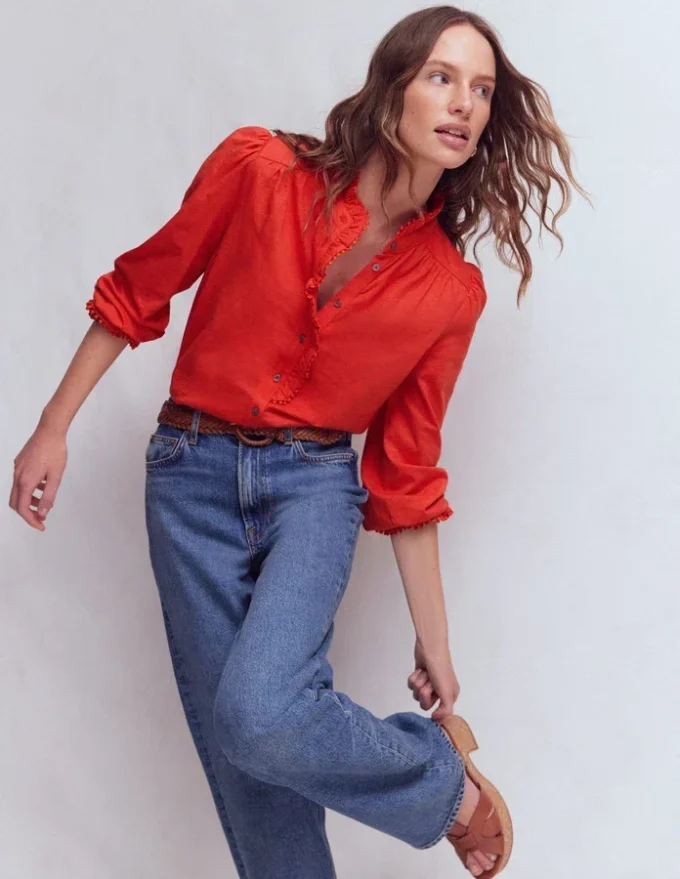 Emily Pom Trim Ruffle Shirt Blood Orange Emily Pom Trim Ruffle Shirt Blood Orange