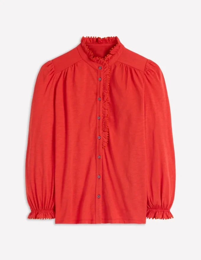 Emily Pom Trim Ruffle Shirt Blood Orange Emily Pom Trim Ruffle Shirt Blood Orange