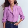 Emily Pom Trim Ruffle Shirt Chalky Violet Emily Pom Trim Ruffle Shirt Chalky Violet