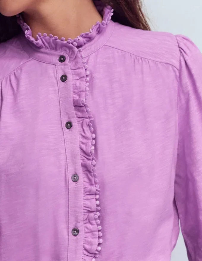 Emily Pom Trim Ruffle Shirt Chalky Violet Emily Pom Trim Ruffle Shirt Chalky Violet
