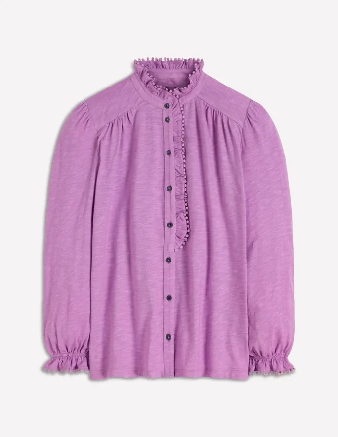 Emily Pom Trim Ruffle Shirt Chalky Violet Emily Pom Trim Ruffle Shirt Chalky Violet