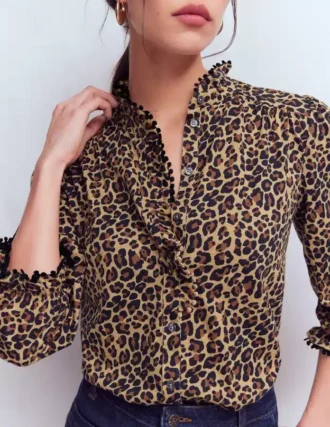 Emily Pom Trim Ruffle Shirt Cheetah Spot