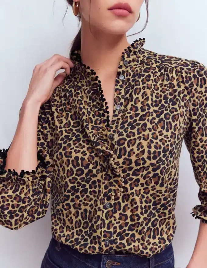 Emily Pom Trim Ruffle Shirt Cheetah Spot Emily Pom Trim Ruffle Shirt Cheetah Spot