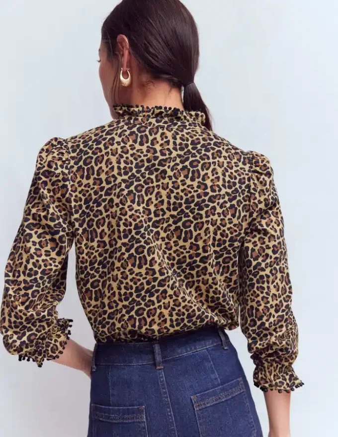 Emily Pom Trim Ruffle Shirt Cheetah Spot Emily Pom Trim Ruffle Shirt Cheetah Spot