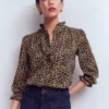 Emily Pom Trim Ruffle Shirt Cheetah Spot Emily Pom Trim Ruffle Shirt Cheetah Spot