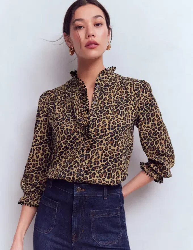 Emily Pom Trim Ruffle Shirt Cheetah Spot Emily Pom Trim Ruffle Shirt Cheetah Spot