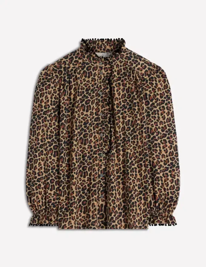Emily Pom Trim Ruffle Shirt Cheetah Spot Emily Pom Trim Ruffle Shirt Cheetah Spot