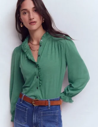 Emily Pom Trim Ruffle Shirt Deep Jungle