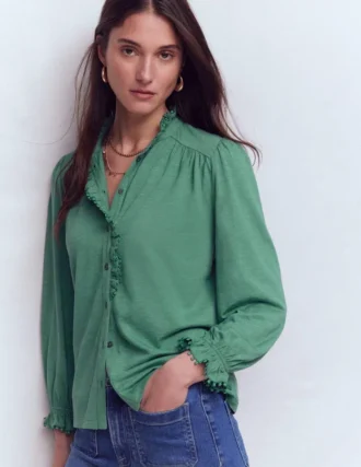 Emily Pom Trim Ruffle Shirt Deep Jungle
