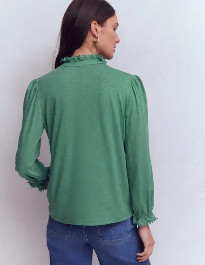 Emily Pom Trim Ruffle Shirt Deep Jungle Emily Pom Trim Ruffle Shirt Deep Jungle