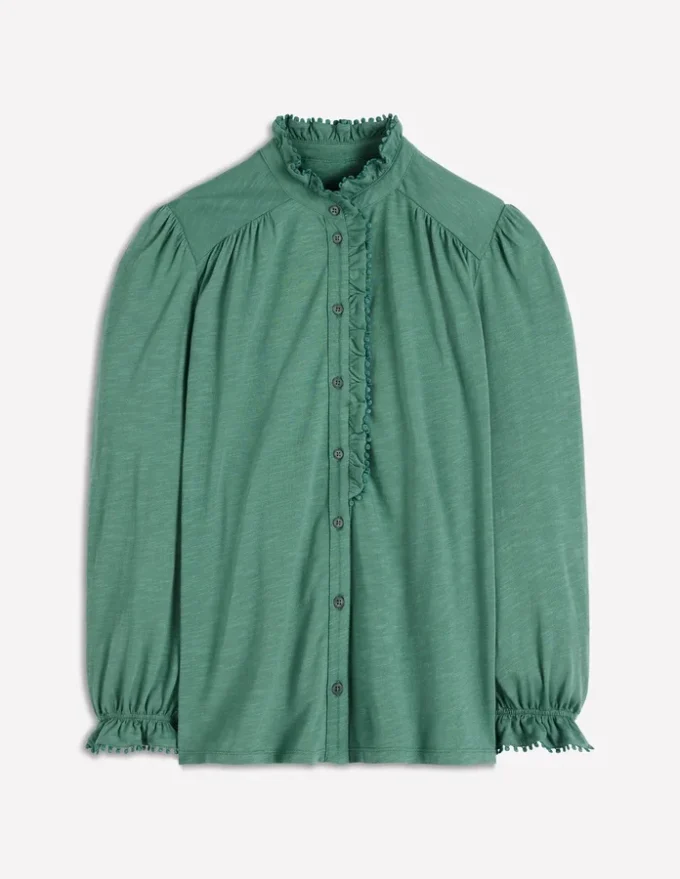 Emily Pom Trim Ruffle Shirt Deep Jungle Emily Pom Trim Ruffle Shirt Deep Jungle
