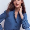 Emily Pom Trim Ruffle Shirt Denim Blue Emily Pom Trim Ruffle Shirt Denim Blue