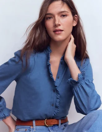 Emily Pom Trim Ruffle Shirt Denim Blue