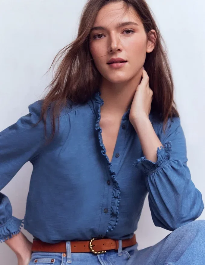 Emily Pom Trim Ruffle Shirt Denim Blue Emily Pom Trim Ruffle Shirt Denim Blue