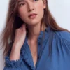 Emily Pom Trim Ruffle Shirt Denim Blue Emily Pom Trim Ruffle Shirt Denim Blue