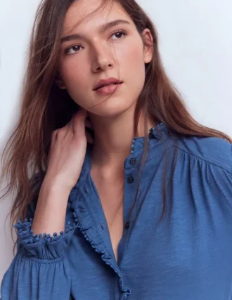 Emily Pom Trim Ruffle Shirt Denim Blue