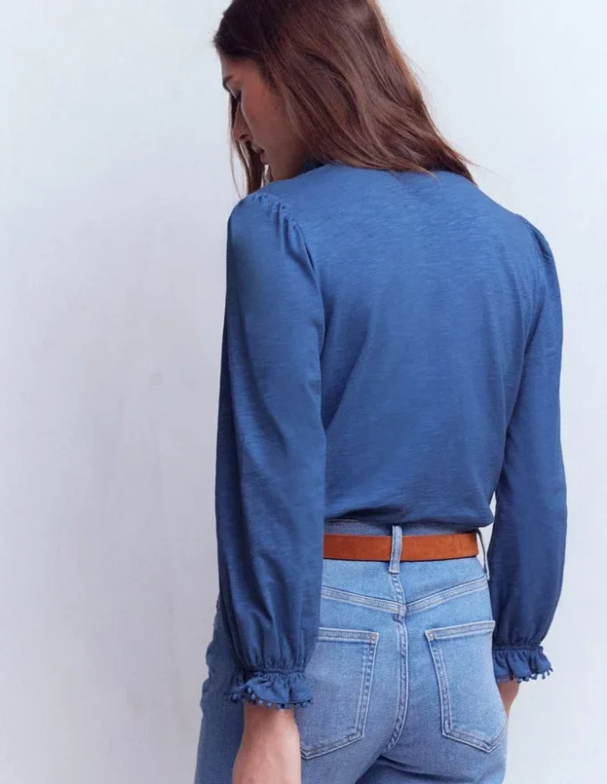 Emily Pom Trim Ruffle Shirt Denim Blue Emily Pom Trim Ruffle Shirt Denim Blue