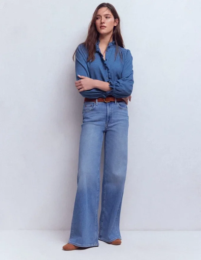 Emily Pom Trim Ruffle Shirt Denim Blue Emily Pom Trim Ruffle Shirt Denim Blue