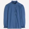 Emily Pom Trim Ruffle Shirt Denim Blue Emily Pom Trim Ruffle Shirt Denim Blue