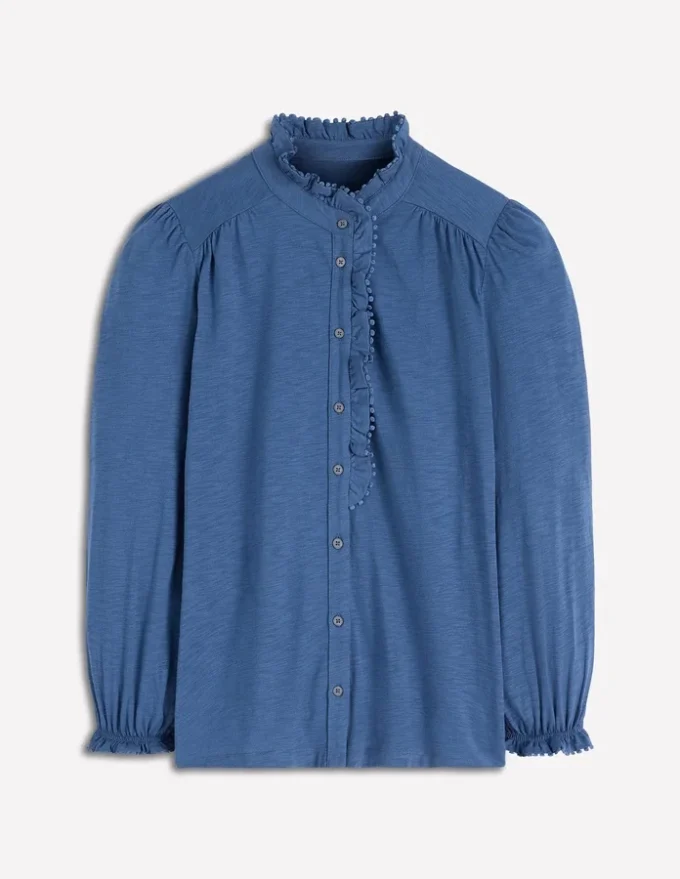Emily Pom Trim Ruffle Shirt Denim Blue Emily Pom Trim Ruffle Shirt Denim Blue