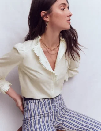 Emily Pom Trim Ruffle Shirt Ivory