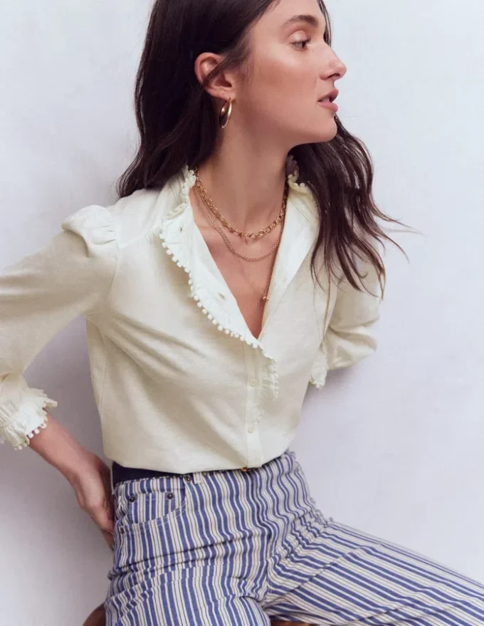 Emily Pom Trim Ruffle Shirt Ivory Emily Pom Trim Ruffle Shirt Ivory